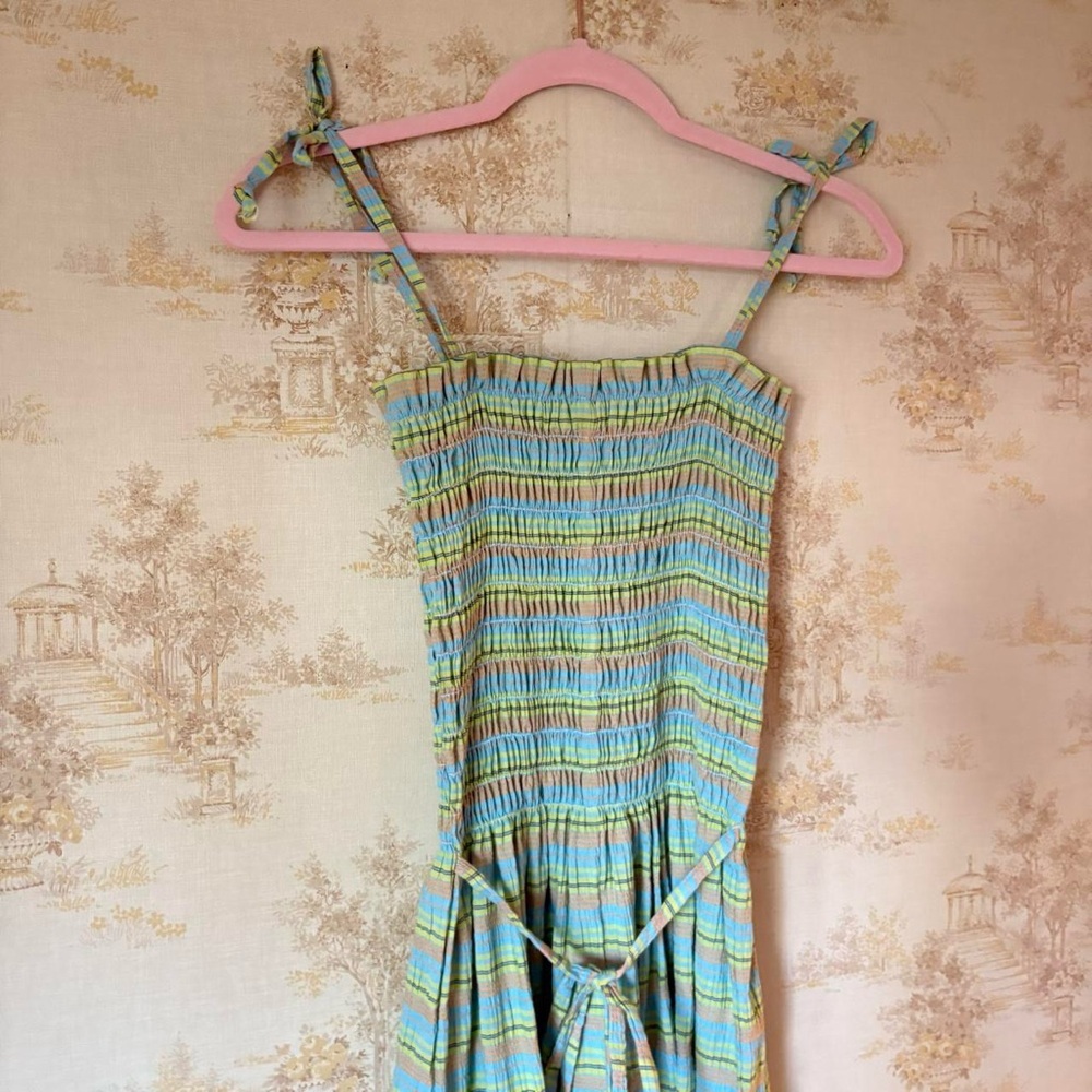 Vintage 80s KITSCH green blue orange stripe smocked mini dress cotton XS/S - Picture 2 of 4